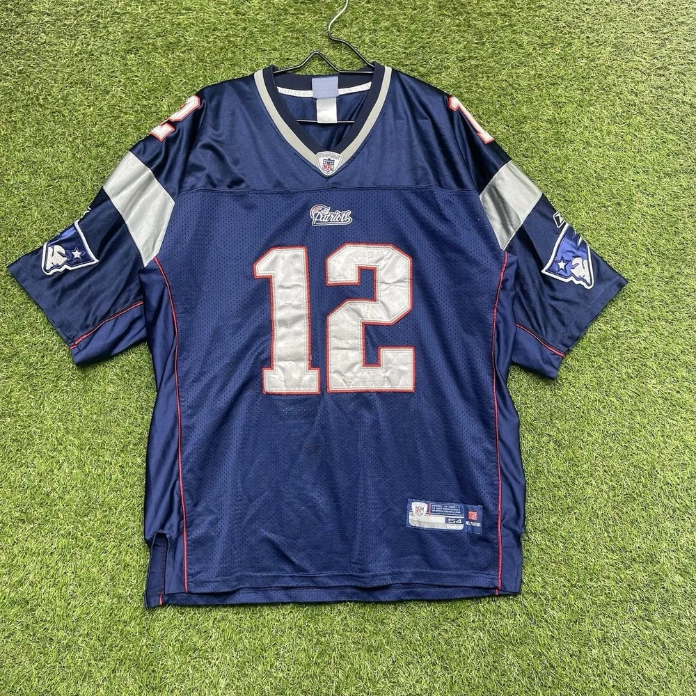 Vintage New England Patriots Reebok Jersey Mens 52 Tom Brady NFL #12 Blue Print